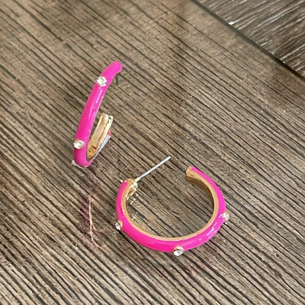 Boutique Style Hot Pink - Fuchsia Enamel Hoops with Rhinestone Accents. - Picture 4 of 16